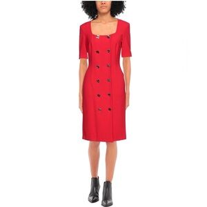 Red Midi Dress | Gold Button Double Breasted | Square Neck Tailored Sheath US L